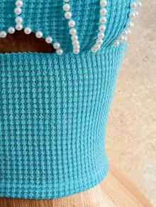 Mistrie Summer Sexy Camisole Pearl Letter Decor Shell Cutout Tie Back - Blue - View 7