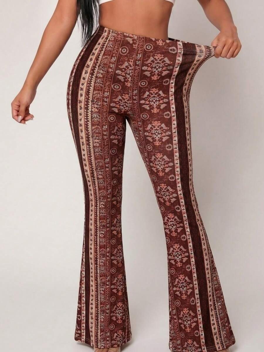 SHEIN SXY Hellängd stickade tryckta Stretchy Flare Byxor - Brun - Visa 1