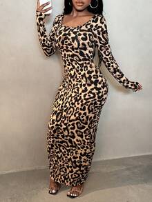 SHEIN SXY Prom Dress;Leopard Print Bodycon Long Dress For Spring & Summer Holiday Elegant Date Night Party Sexy BOHO Animal Print Leopard Print - Coffee Brown - View 10