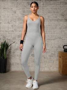 Easithlete Easithlete 女士纯色简约休闲运动连体裤 - 淺灰色 - 查看 4