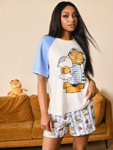 GARFIELD | SHEIN 女士卡通印花插肩袖T恤和短裤睡衣套装 - 彩色 - 查看 4