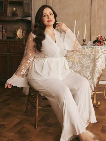 Côtesoire Fransız Romantik Vintage Saray Tarzı Lüks İşlemeli File Yama Detaylı Fırfırlı Kenarlı Düz Renk Düğün Büyük Beden Kadın Pijama Takımı