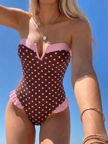 Swim Vcay 新款春夏多色波點印花小V領粉色與棕色荷葉邊女孩海灘浪漫度假連身式女款泳衣 - 彩色 - 查看 1