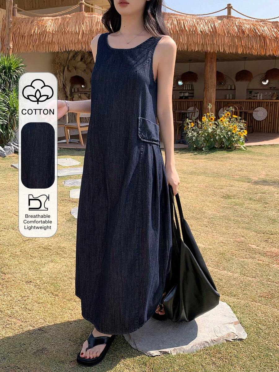 DAZY 女士夏季圆领无袖口袋装饰休闲露背度假牛仔连衣裙太阳裙 - 深色水洗藍 - 查看 1