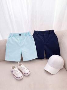 SHEIN 2pcs Young Boy Casual Solid Color Shorts,Summer Elastic Waist Design With Single Button Decor And Slant Pockets,Fashionable Holiday School Daily Wear - Multicolor - View 3
