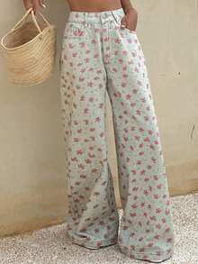Livesso Cotton Ditsy Floral Casual Loose Fit Women Jeans - White - View 3