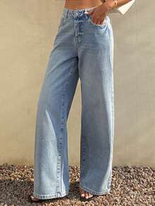 Cotton Loose Street Washed Distressed Straight Leg Jeans For Women - Blue - View 3