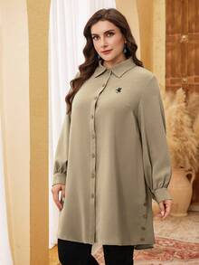 Lacomfia Plus Size Long Sleeve Solid Color Embroidered Button-Up Casual Shirt - Khaki - View 5
