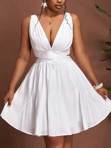 Truni 大码女式白色雪纺轻薄深V领露背系带短连衣裙，适合度假和约会 - 白色 - 查看 1
