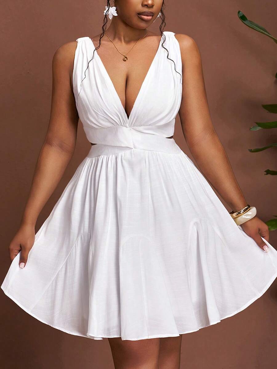 Truni 大码女式白色雪纺轻薄深V领露背系带短连衣裙，适合度假和约会 - 白色 - 查看 1