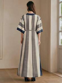 Anewsta Loose V-Neck Printed Beach Dress, Navy Blue And White, Vacation Style, Autumn Boho - Royal Blue - View 9