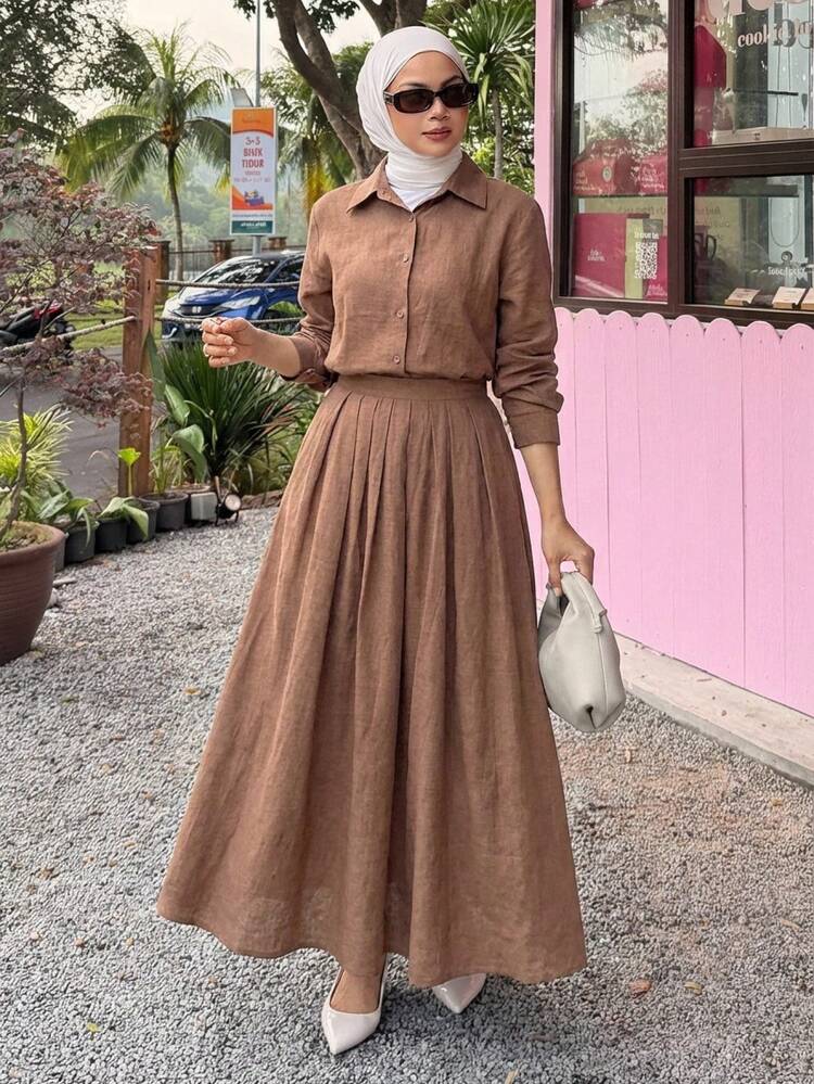 Women's Casual Shirt And A-Line Skirt 2 Pieces Set, Suitable For Spring And Summer Lounge Sets For Women