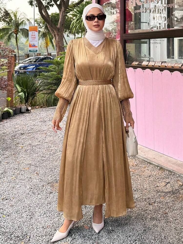 Women's Elegant Patchwork Dress With Belt, Two Pieces Set, Spring/Summer