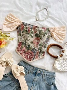 Soleia Áo ống kiểu dáng cổ điển sang trọng với họa tiết hoa jacquard nhiều màu sắc, có cúc và dây buộc phía sau, thích hợp cho kỳ nghỉ và hẹn hò. - Nhiều màu - Xem 3