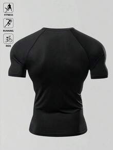 Acti Log 1 pieza Camiseta deportiva de compresión de manga corta con estampado gráfico y raglán para hombre, verano, gimnasio - Negro - Ver 2