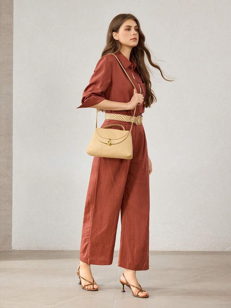 PU LEATHER CROCODILE PATTERN BUCKLE TOP HANDLE BAG
