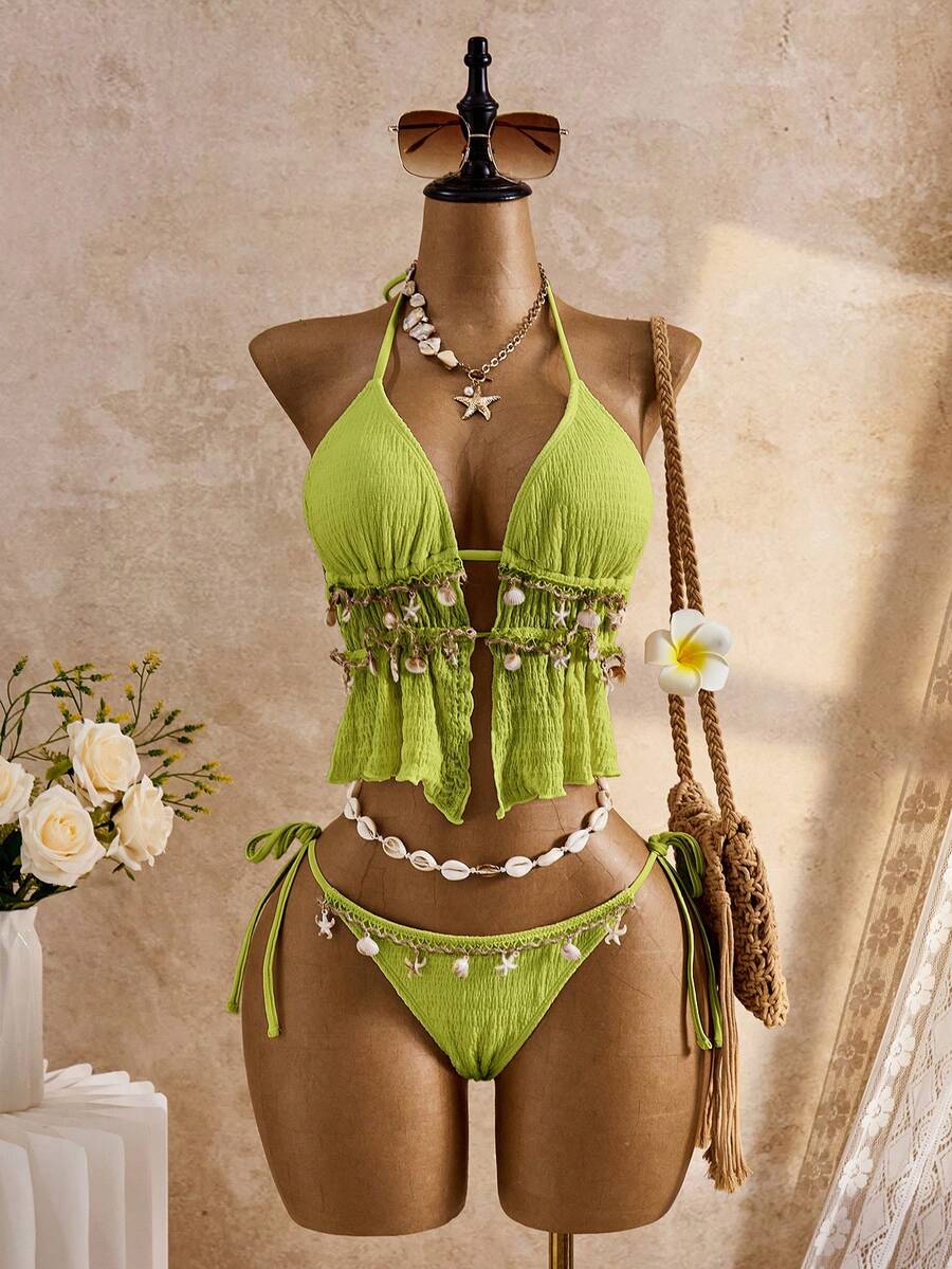 Bellisia Conjunto de top corto y tankini de jacquard texturizado para vacaciones de primavera/verano en la playa - Verde - Ver 1