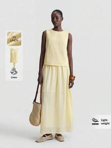 Ontre Débardeur en lin pour femme de style bohème, de couleur jaune crème, avec un design dos nu, col rond, sans manches, avec un nœud papillon dans le dos. Idéal pour les vacances à la plage, avec une atmosphère exotique et un style western de haute qualité. Tissu confortable et mode urbaine décontractée pour femmes. - Jaune clair - Voir 6