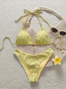 SHEIN Swim Mod Women's Sweet Floral Print Reversible Halter Neck Bikini Set - Yellow - View 2