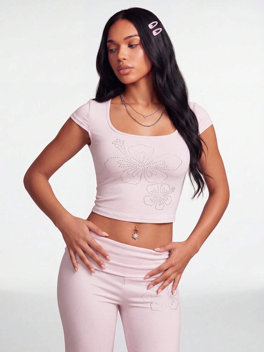 Nooralise Women's Rhinestone Pattern Casual Versatile Daily Wear T-Shirt - Pink - View 1