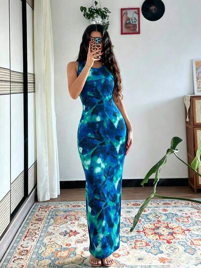 SHEIN Holidaya Đầm dài ôm dáng in họa tiết tie-dye dành cho nữ, đầm dài mùa hè, đầm dài nhiều màu.