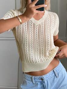 DAZY Women's Casual Vacation Solid Color Short Sleeve Pointelle Knit Top - White - View 3