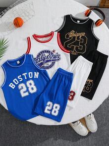 SHEIN Set de 6 piese pentru copii preadolescenti, primăvară/vară, la modă, sport, sport, tricou de baschet, set de top și pantaloni scurți tricotați fără mâneci, ținută de bază streetwear - Multicolor - Vizualizare 4