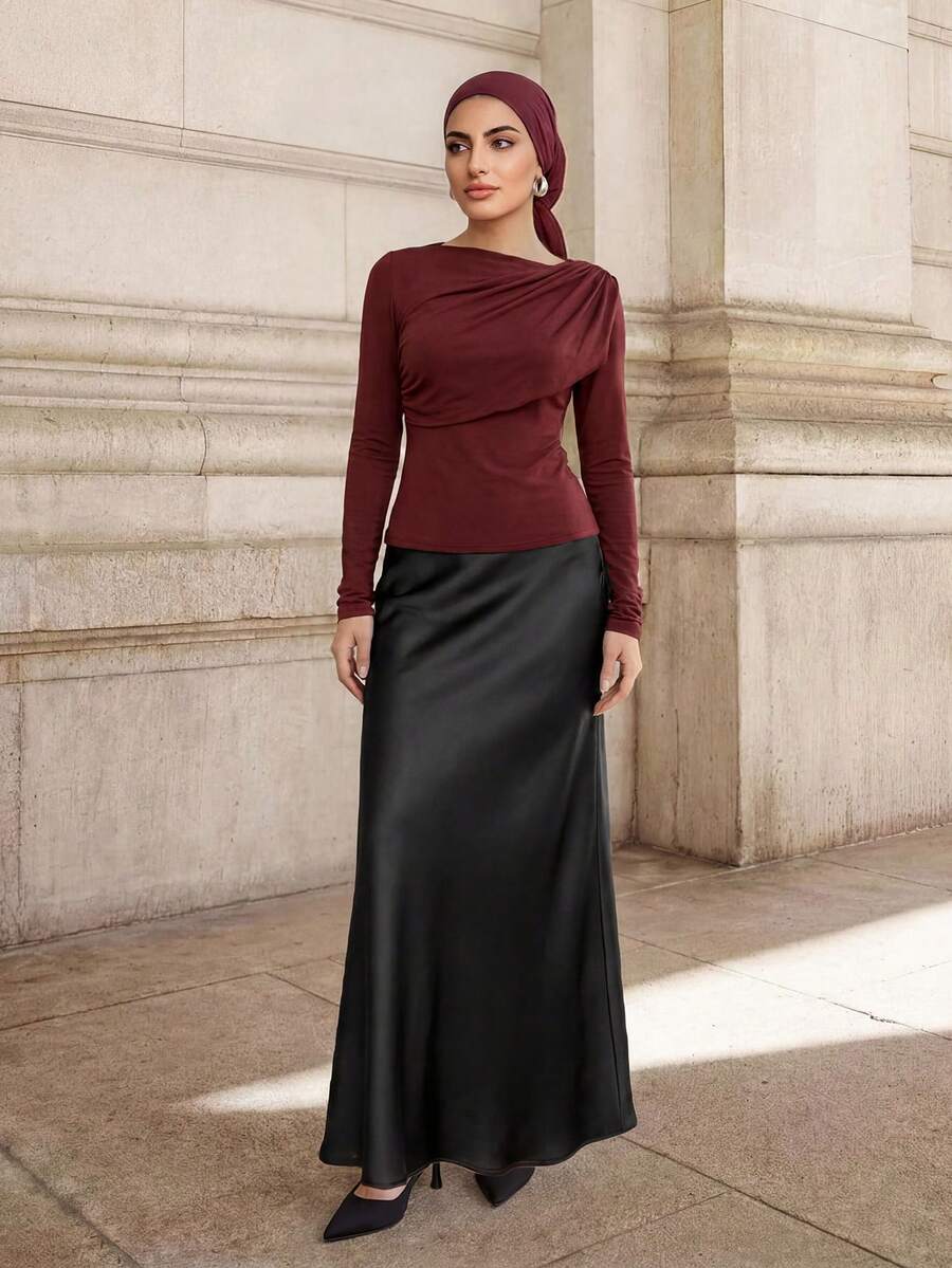 Graceveil 女士纯色美人鱼款长裙，缎面中长连衣裙，优雅长裙，适合女士派对、日常穿着，黑色中长连衣裙