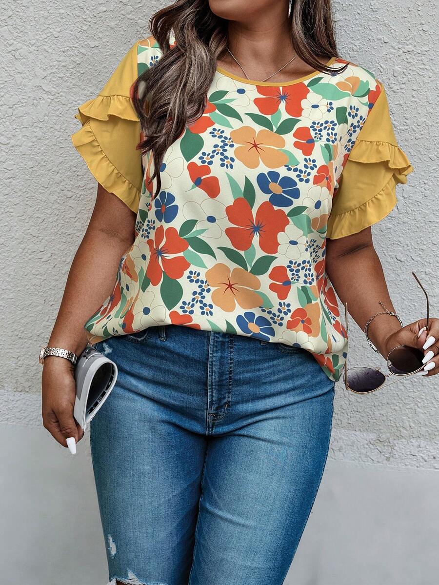 SHEIN LUNE Plus Size Women's Spring/Summer Floral Print Contrast Trim Flare Sleeve Casual Vacation Shirt - Multicolor - View 1