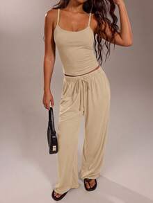 Avantive Women's Solid Color Camisole And Pants Casual Suit - Apricot - View 3
