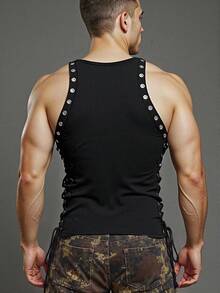 ZURIURI Camiseta de moda de cuello redondo con diseño de cordones de ojal de unicolor para hombre - Negro - Ver 2