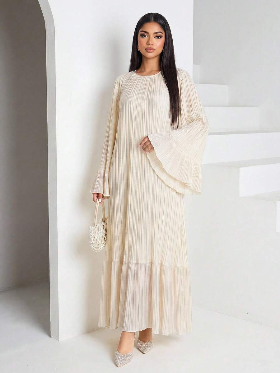 Veilorie Women's Elegant Minimalist Solid Color Textured Flare Sleeve Arabic Style Dress, Autumn