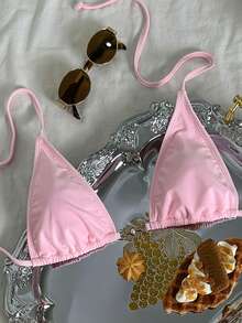 SHEIN Swim Basics Áo bơi nữ màu trơn, thích hợp cho kỳ nghỉ và đi biển. - Hồng - Xem 3