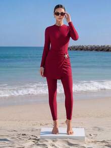 Veilorie Đồ bơi cổ tròn tay raglan màu trơn, thoải mái, thoáng khí. - Màu đỏ tím - Xem 2