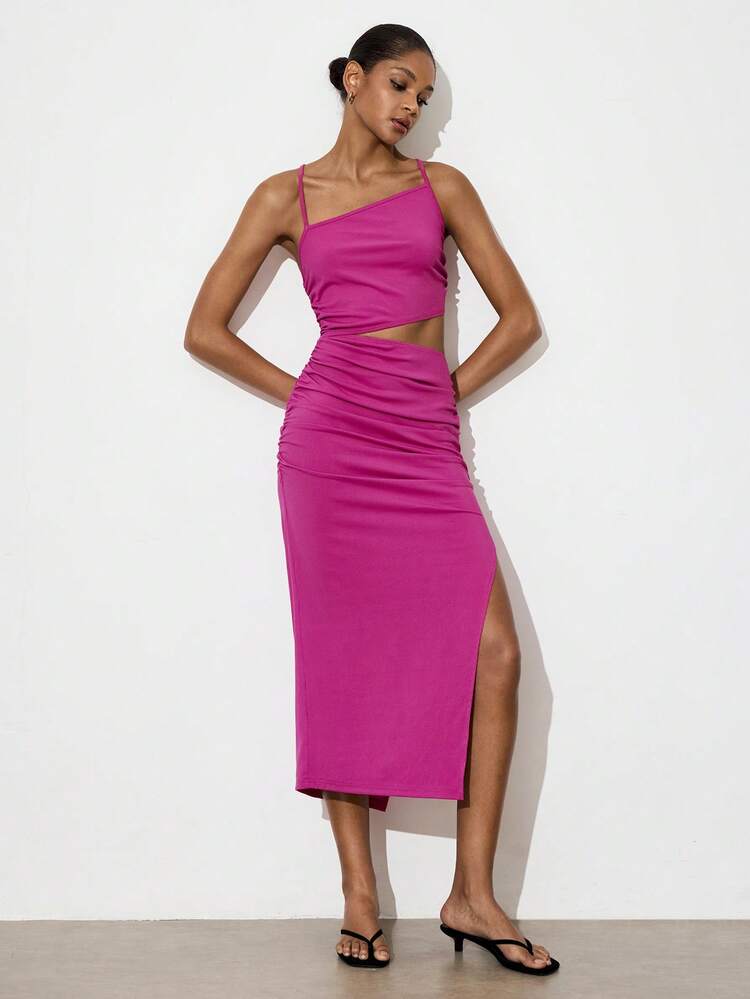 SHEIN Maija Women's Solid Color Waist Cutout High Slit Backless Sleeveless Dress