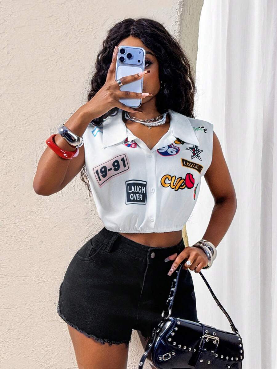 Glyssa 女士无袖印花露脐复古赛车风休闲衬衫领短款上衣 - 白色 - 查看 1