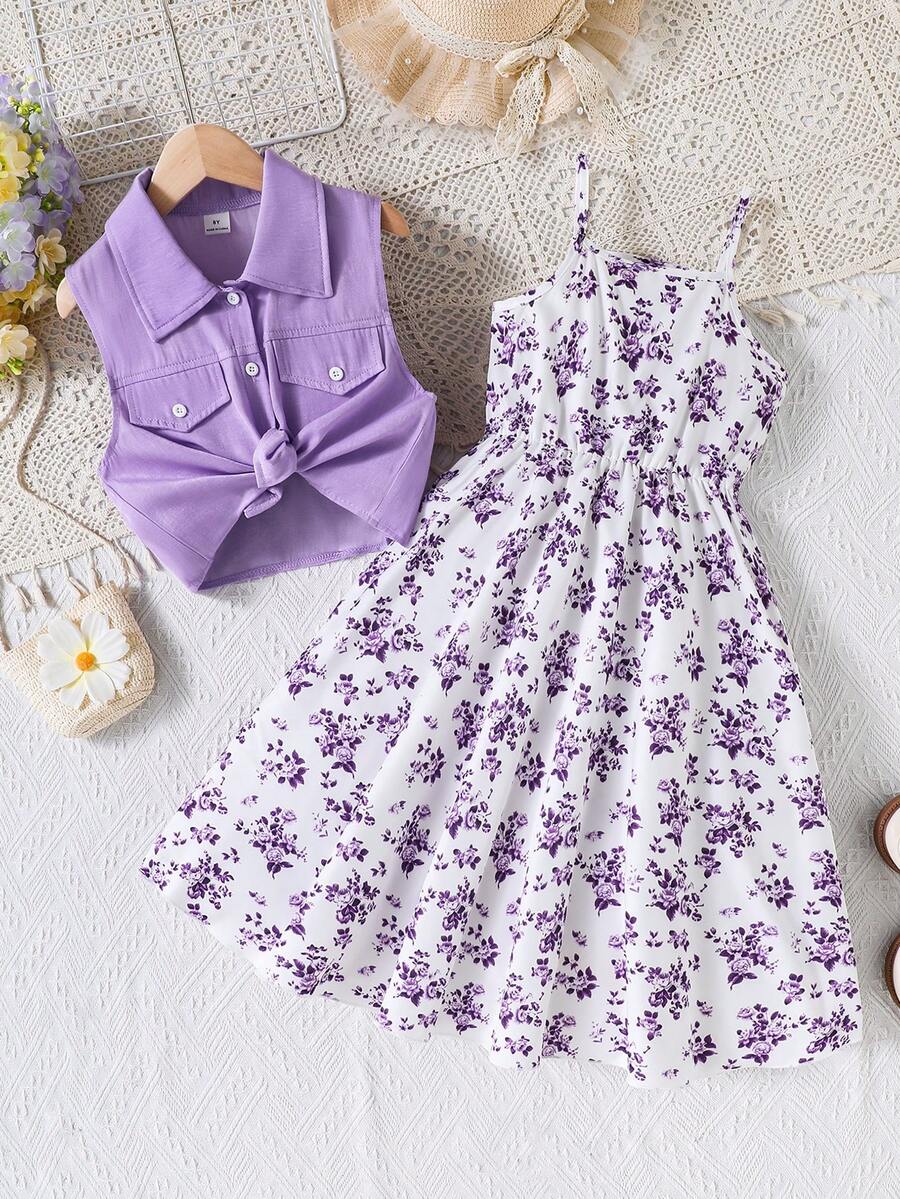 Bộ 2 món cho bé gái tuổi teen gồm áo khoác denim và váy slip dress in họa tiết hoa nhiều màu sắc, thích hợp cho mùa xuân/hè. - Màu tím - Xem 1