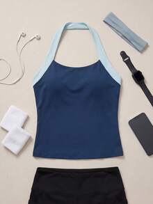 Exploreva Women's Contrast Color Casual Fitness Racerback Tank Top - Navy Blue - View 1