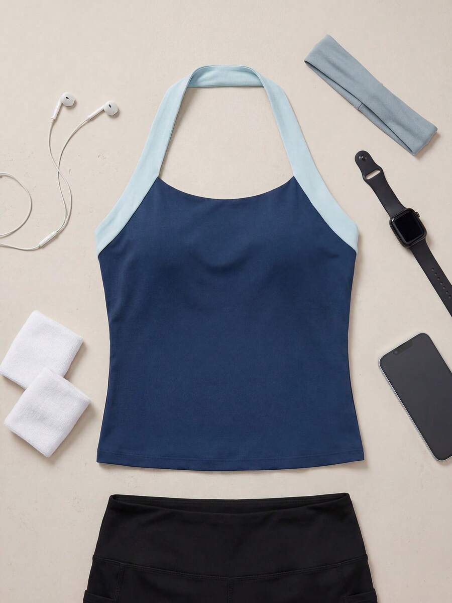 Exploreva Women's Contrast Color Casual Fitness Racerback Tank Top - Navy Blue - View 1