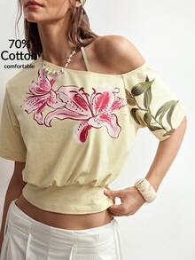 Bohemela T-shirt asymétrique en tricot de couleur unie pour femmes - Jaune citron - Voir 3