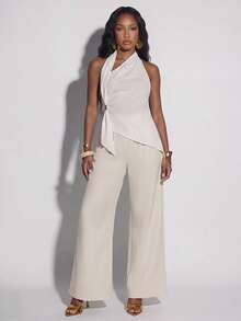 Normani Áo tank top cổ yếm vạt lệch màu trơn trang trí kim loại dành cho nữ - trắng - Xem 5