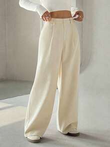 SHEIN Unity Pantalones anchos casuales elegantes y delgados para mujer - Albaricoque - Ver 4