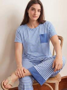 Doze Lane Striped Contrast Color Block Plus Size Short Sleeve Pajama Set - Multicolor - View 1