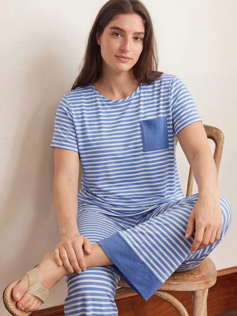 Doze Lane Striped Contrast Color Block Plus Size Short Sleeve Pajama Set - Multicolor - View 1