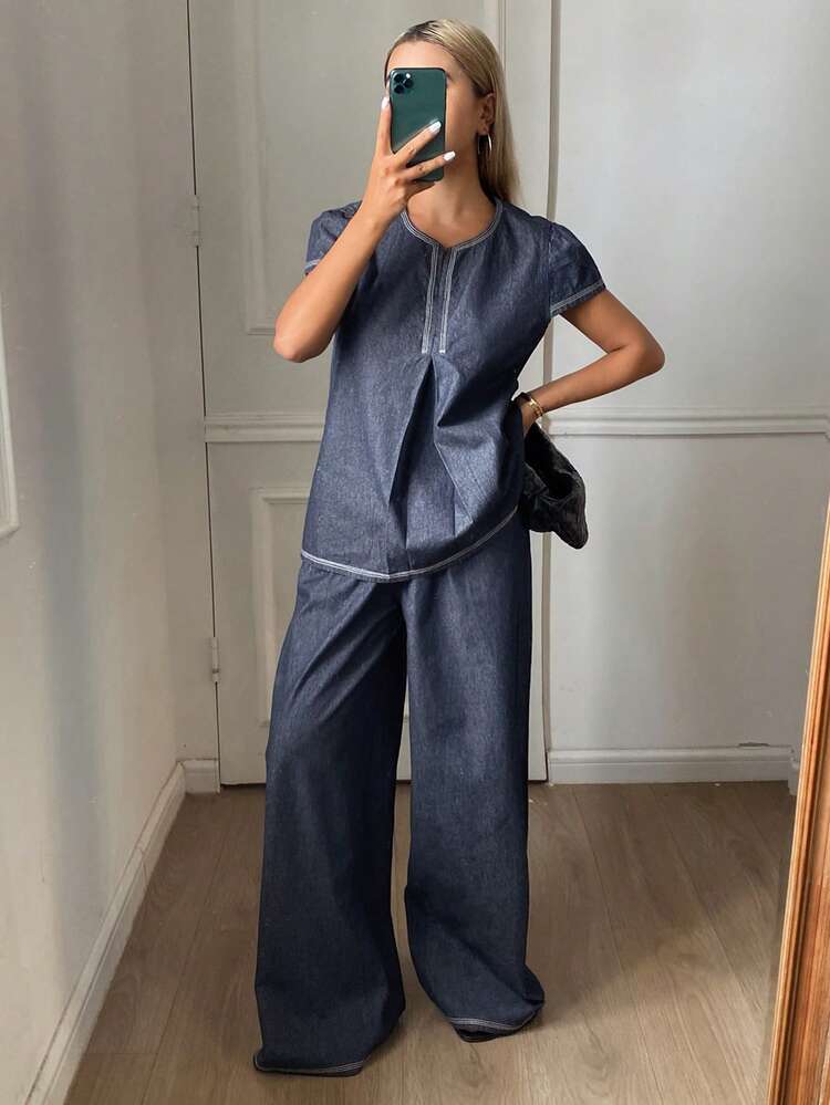 Women's Round Neck Short Sleeve Denim Top And Loose Straight Leg Jeans Casual Vacation Outfit