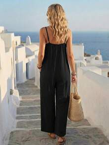 SHEIN PETITE CURVE Bộ áo liền quần nữ cỡ lớn, màu trơn, chất liệu 100% cotton, kiểu dáng mùa hè đa năng. - màu đen - Xem 6