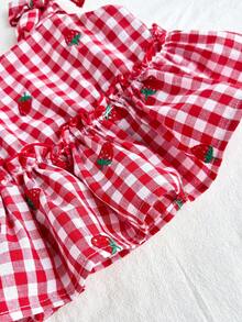 Summer Babygirl Cute Red & White Plaid Ruffle Trim Sleeveless Top And Elastic Waist Loose Wide Leg Pants Set - Red - View 10