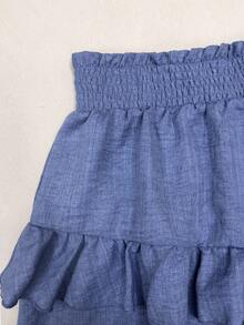 GlowEve Denim Effect Buttoned Ruched Tube Top Layered Ruffle Hem Shorts 2-Piece Set For Women Vacation Blue Summer Casual - Blue - View 5