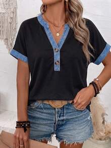 EMERY ROSE Fashionable Casual Basic Wide V-Neck Denim Collar & Cuff Rivet Button T-Shirt - Multicolor - View 4