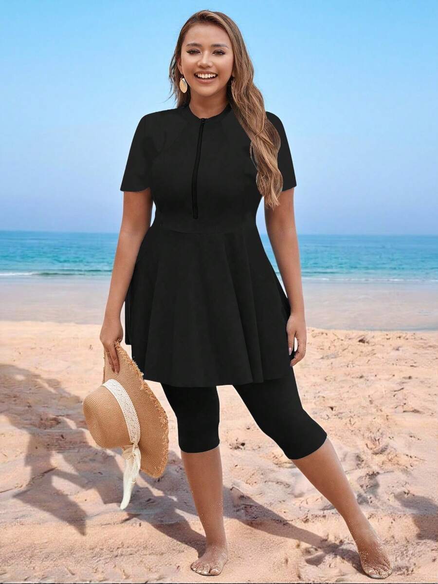 Swim Mulvari Bộ đồ bơi Burkini 2 mảnh tay ngắn, khóa kéo, cổ tròn, thắt eo, kín đáo, thích hợp cho nữ cỡ lớn, thích hợp cho kỳ nghỉ. - màu đen - Xem 1